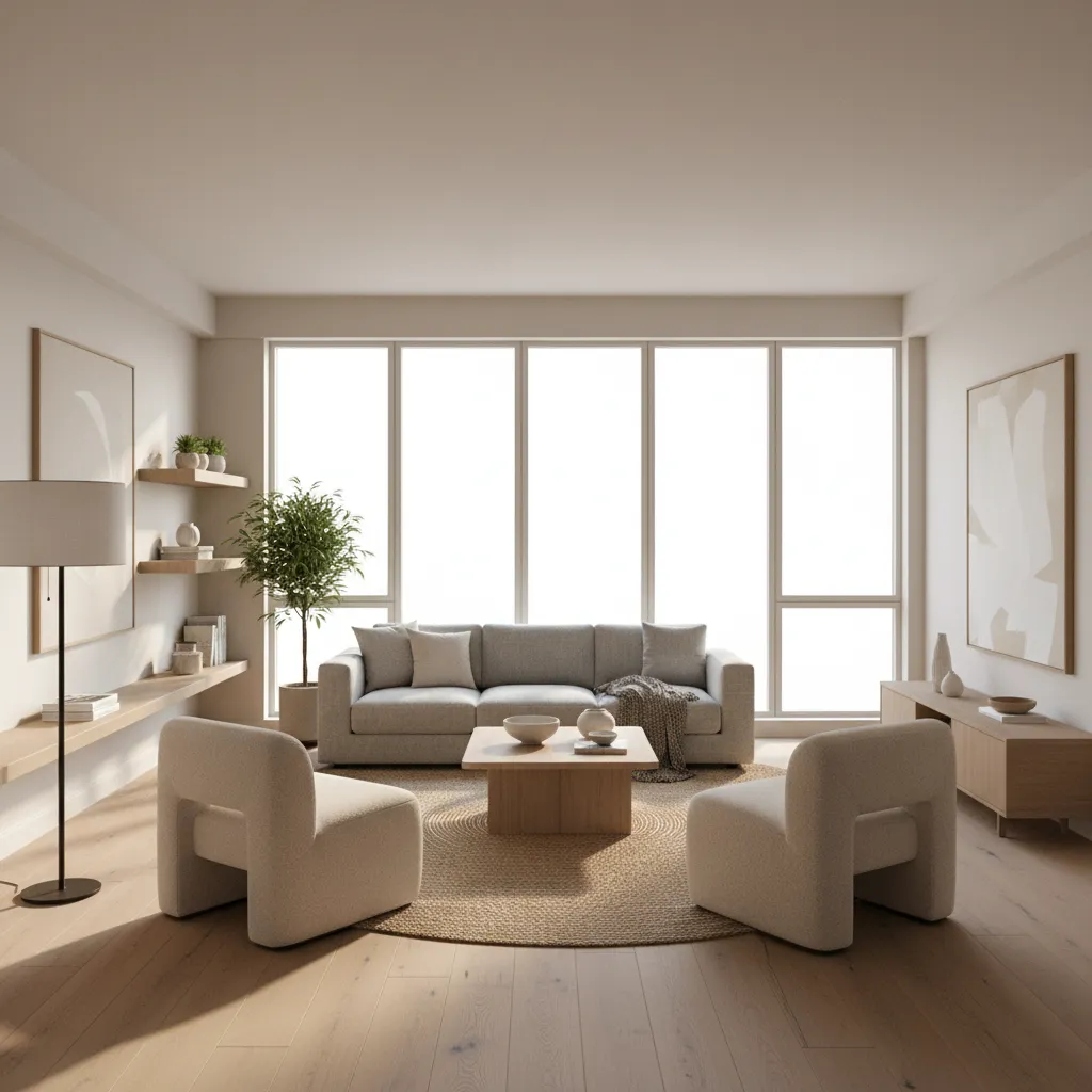 Contemporary residential living room with neutral palette and large windows