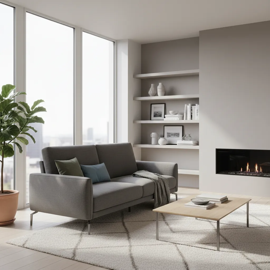 Modern living room with a sleek sleeper sofa and minimalist decor