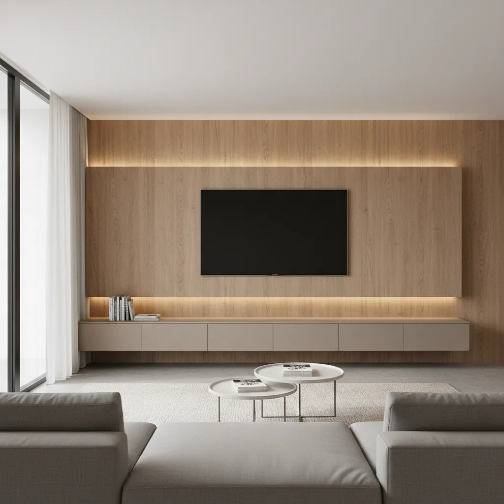 Modern living room featuring wooden wall panel, flat screen television, grey sofa, and coffee tables