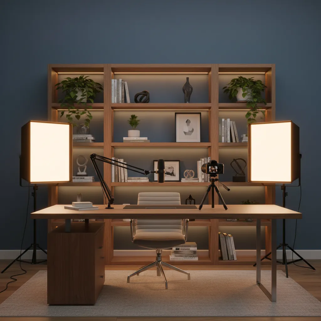 content creator home office with camera lighting setup and styled background