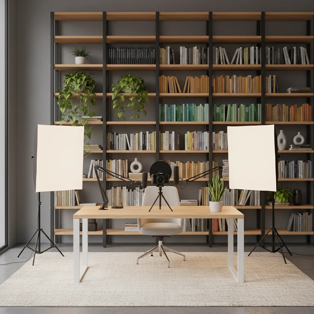 Content creator office studio with camera facing desk and styled background shelves