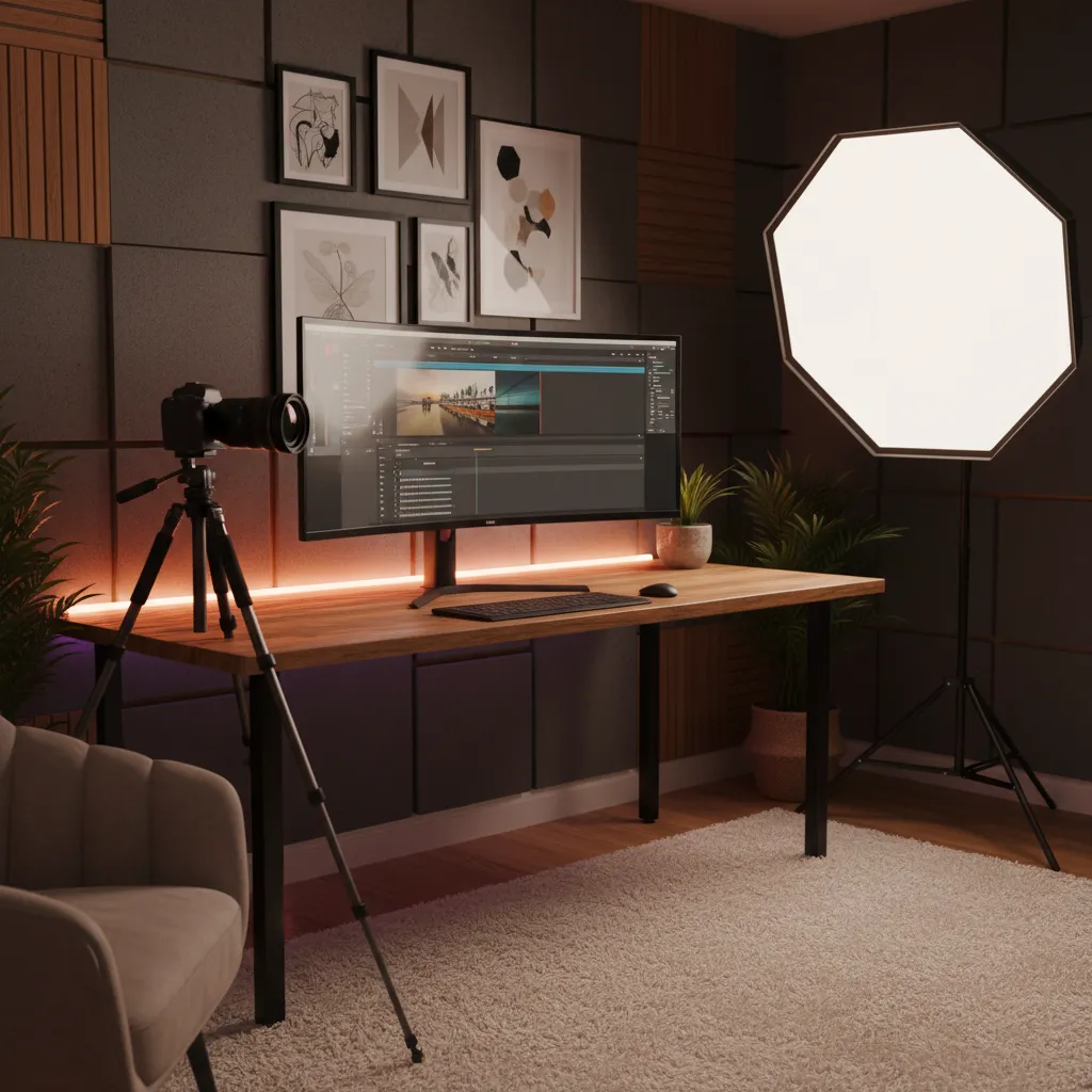 content creator home studio with camera lighting and desk setup
