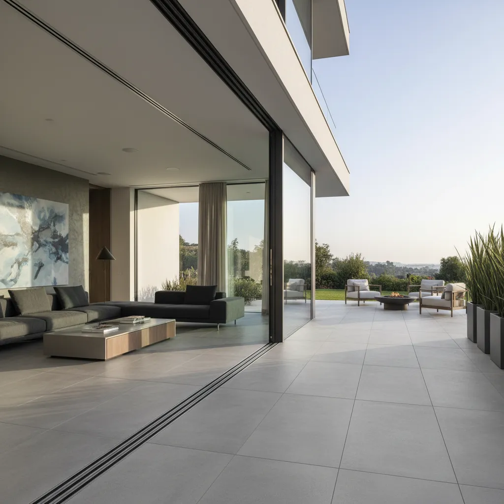 Modern living room with grey sofa and large sliding glass doors opening to spacious patio