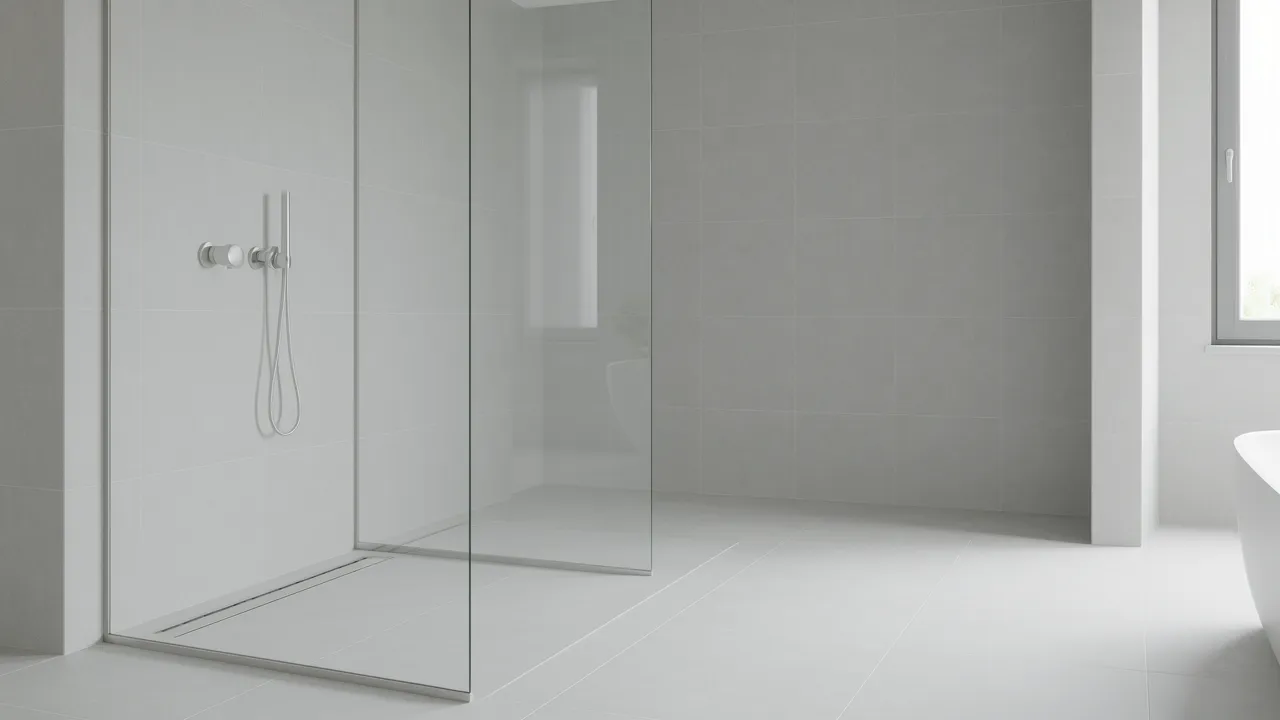 Bathroom floor tile continuing seamlessly into curbless shower