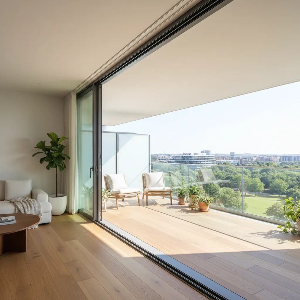 Pavimento continuo entre salón y balcón en una vivienda moderna pequeña