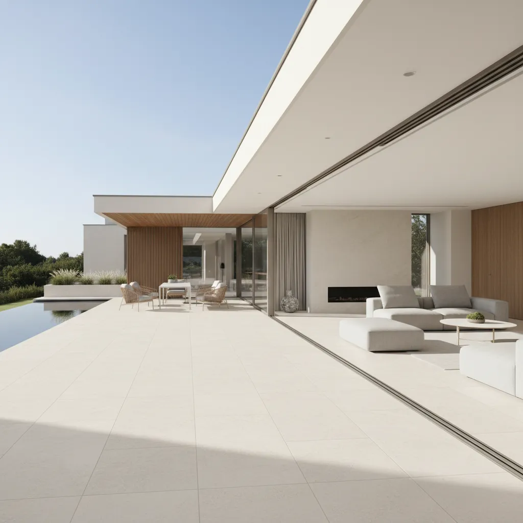 Minimalist outdoor terrace with white floor tiles next to swimming pool and open living room
