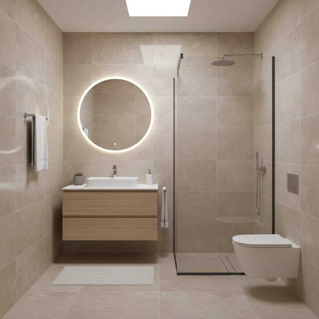 Small bathroom using the same tile on floor and walls for seamless visual flow