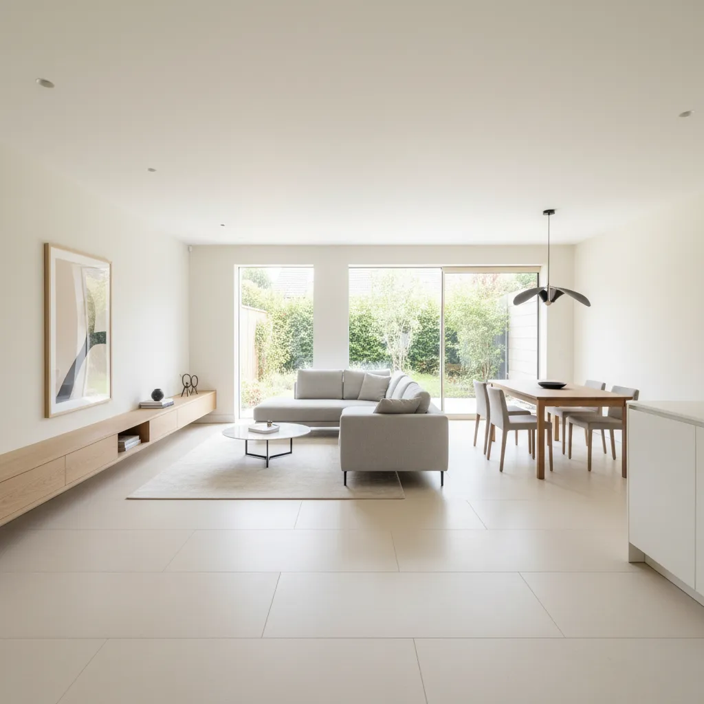 Open plan small home with continuous floor tiles from living room to dining area