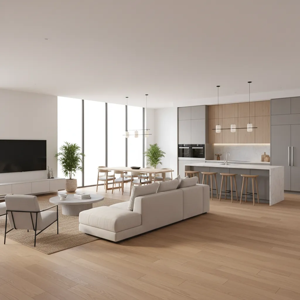 open plan living room and kitchen with continuous wood flooring layout