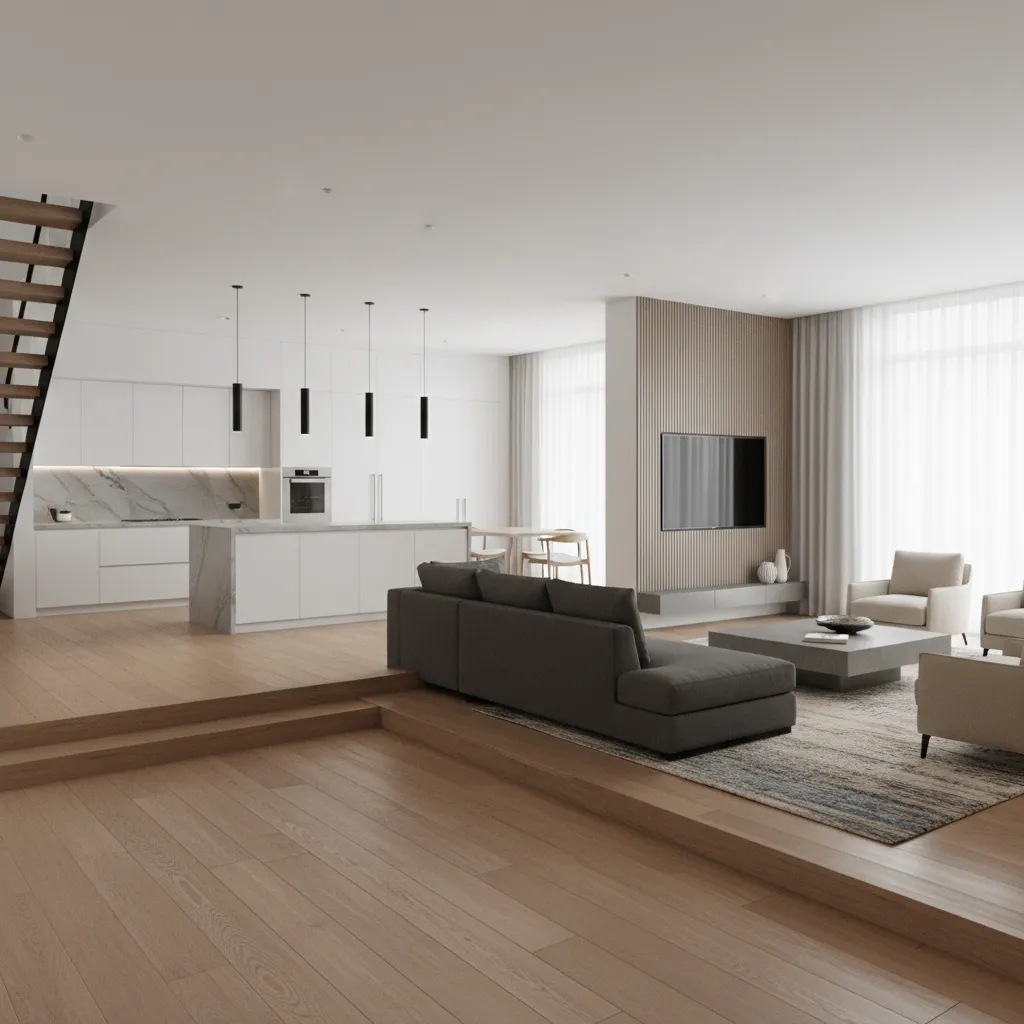 continuous hardwood flooring across kitchen and lower family room level