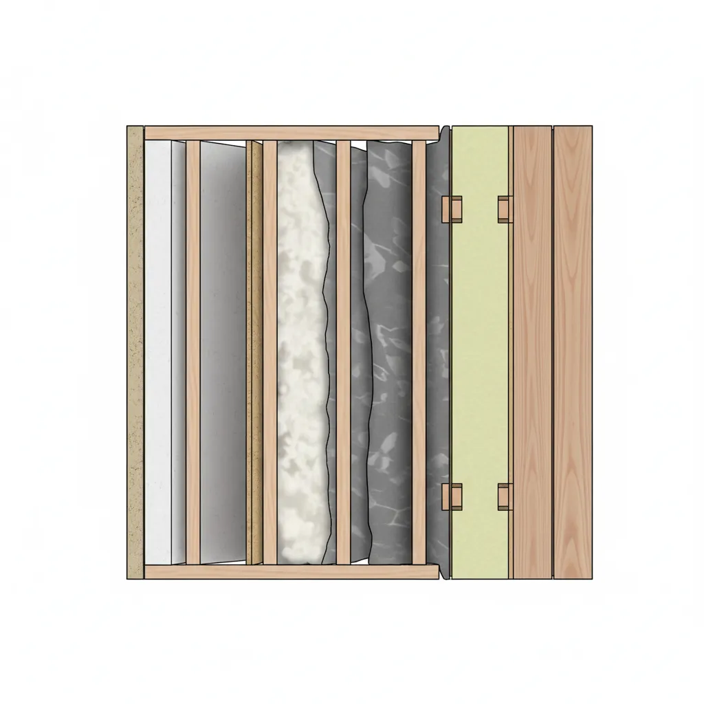 cutaway diagram of layered insulation system in lightweight wall construction