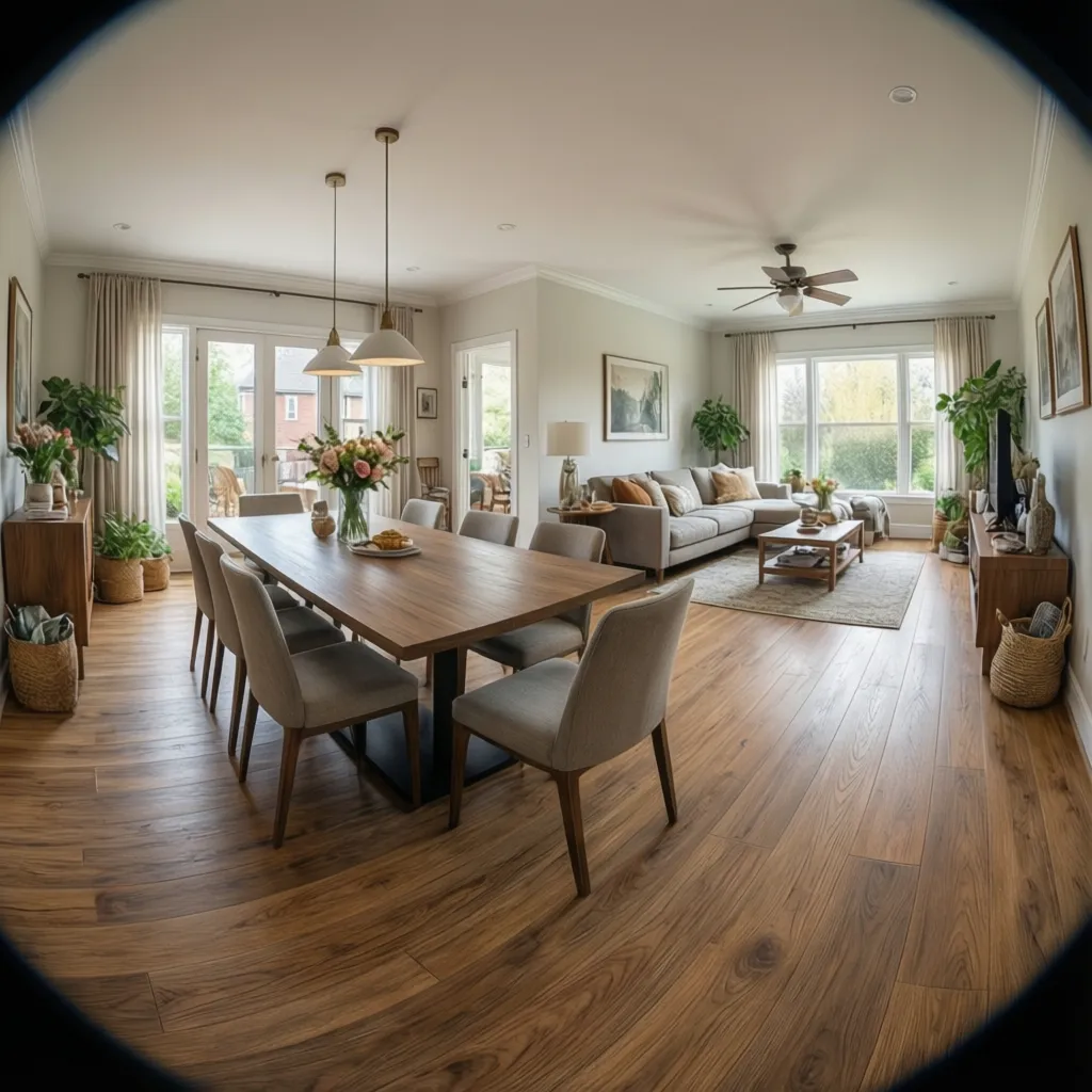 Open floor plan showing continuous laminate flooring across living and dining spaces