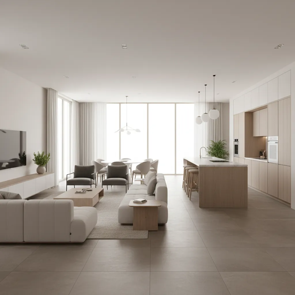 Open plan living room and kitchen with continuous tile flooring
