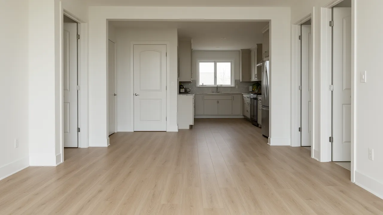 Continuous wood look vinyl flooring flowing between kitchen and bathroom areas