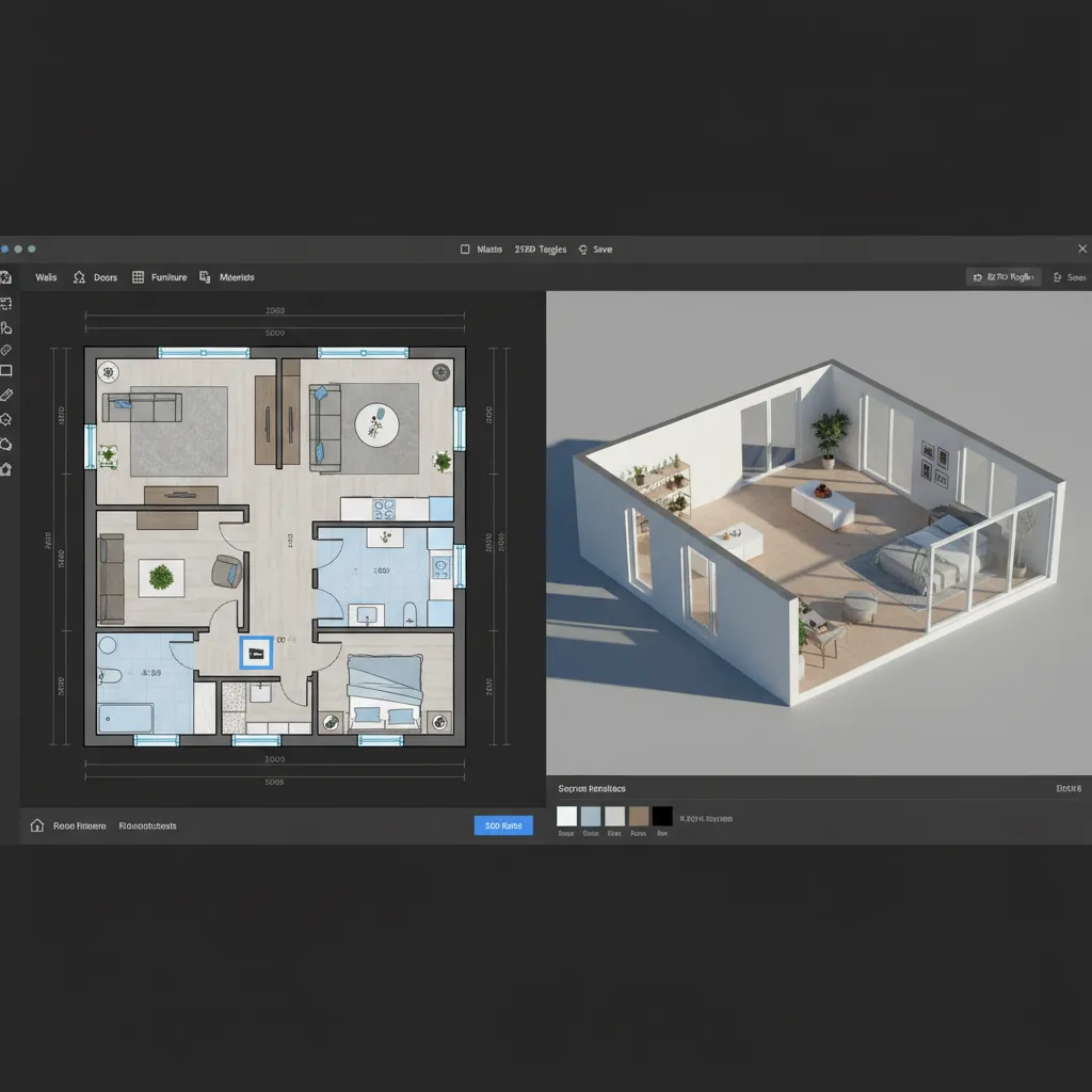 Interior design software screen showing 2D floor plan and 3D interior design drawing of apartment