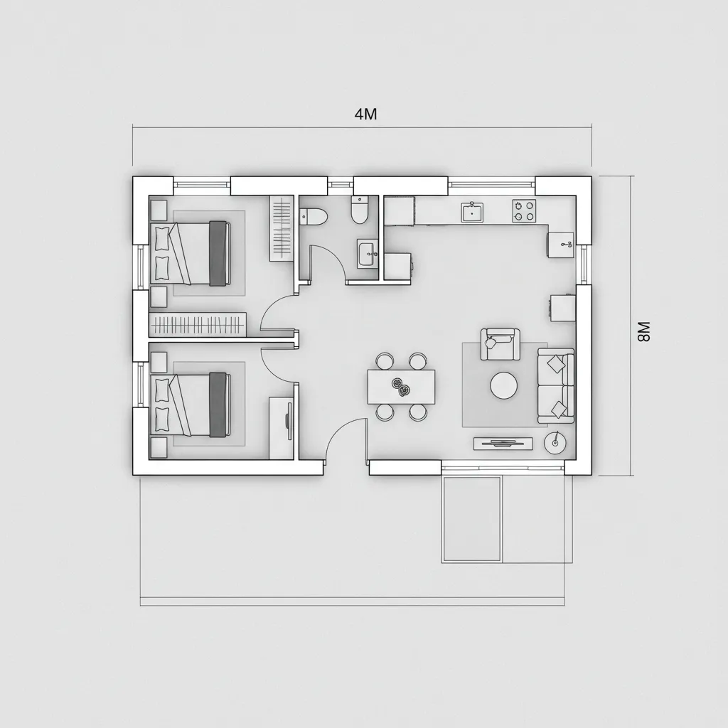 Denah rumah 4x8 dengan dua kamar tidur