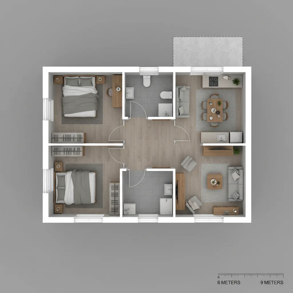 Top view interior design drawing of two bedroom apartment with living room kitchen and two bathrooms