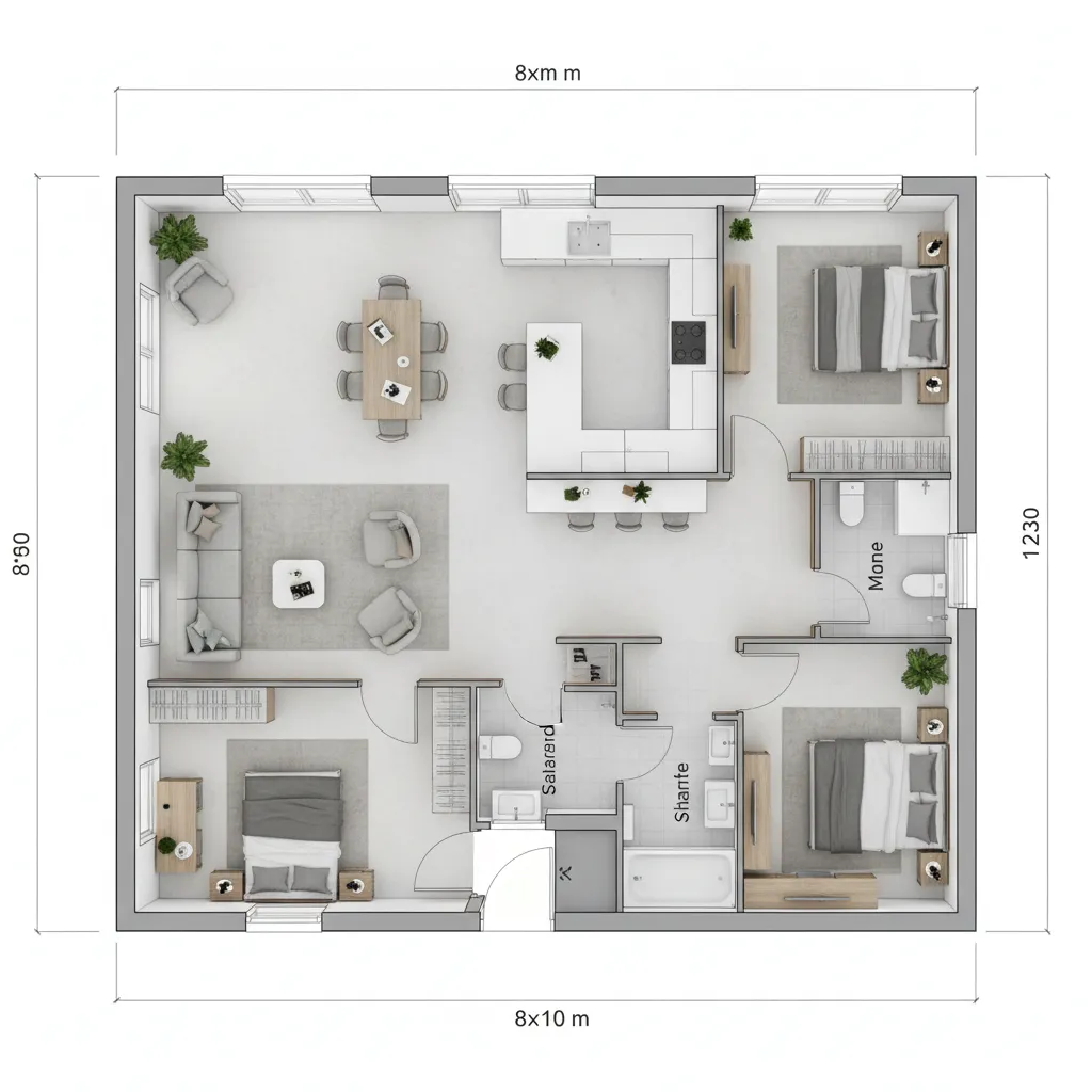 Contoh denah rumah 8x10 dengan tiga kamar tidur