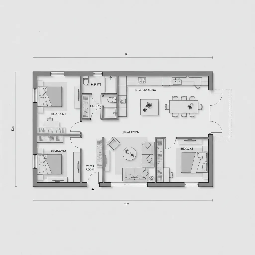 Detailed 2D room layout with three bedrooms living room kitchen dining area and labeled dimensions