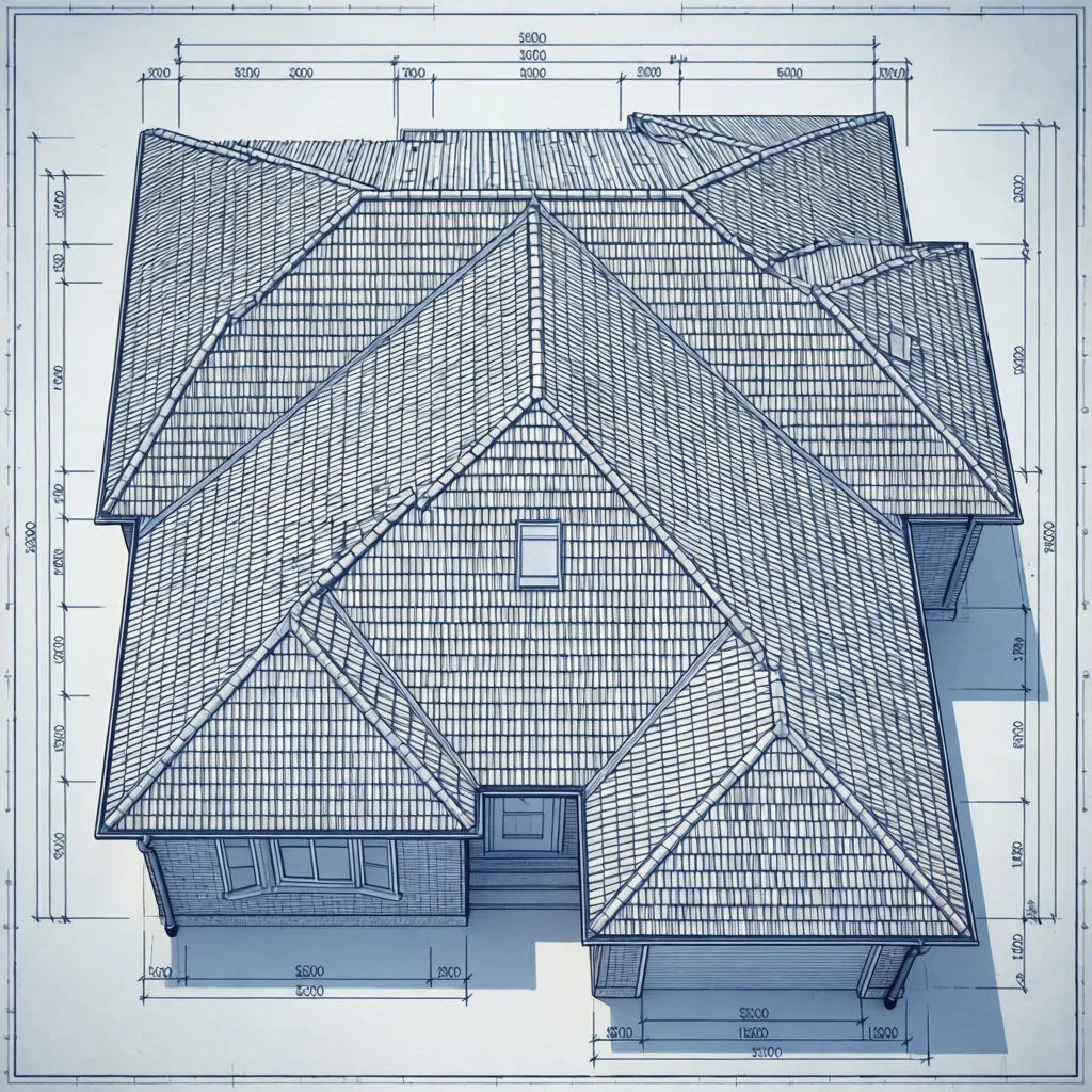 Contoh denah atap rumah tampak atas dengan garis jurai dan bubungan