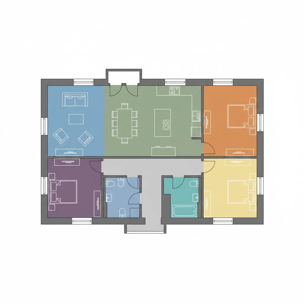 Simple 2D floor plan with blue living room green dining area and three colorful bedrooms