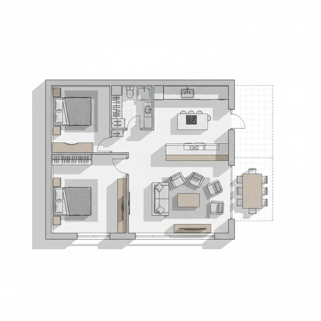 Denah rumah dua kamar dengan layout linear