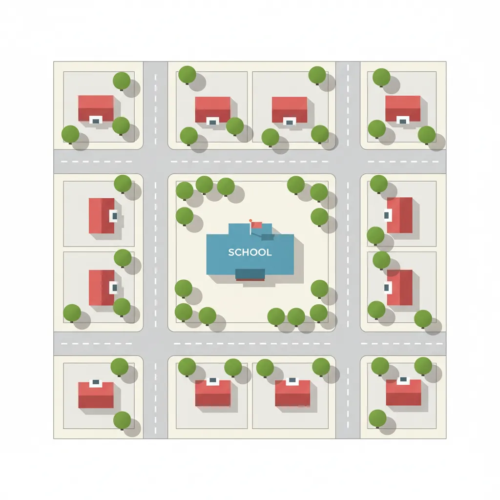 Flat 2D map showing a blue school building surrounded by red houses and green trees