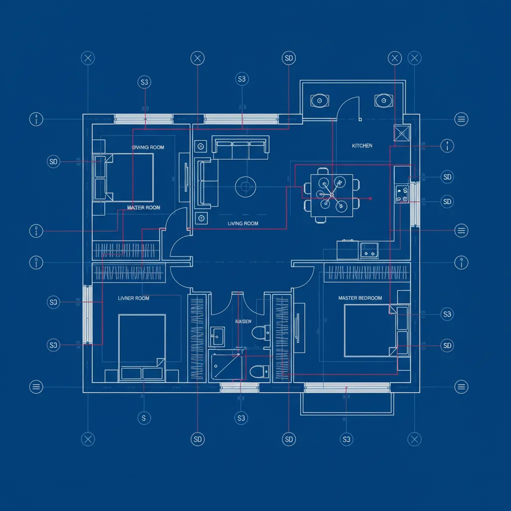 Blue interior design drawing showing room layout with red lines for house electrical wiring plan