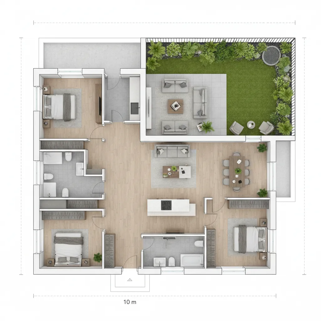 Contoh lengkap denah rumah lebar 10 meter dengan 3 kamar