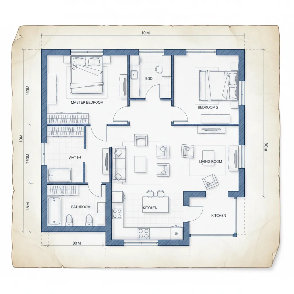 Two bedroom floor plan sketch showing living room kitchen bathroom and master bedroom on vintage paper