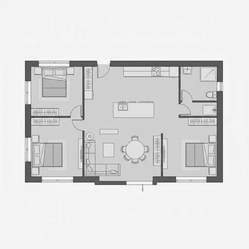 Modern house floor plan showing three bedrooms two bathrooms living room kitchen island and dining area