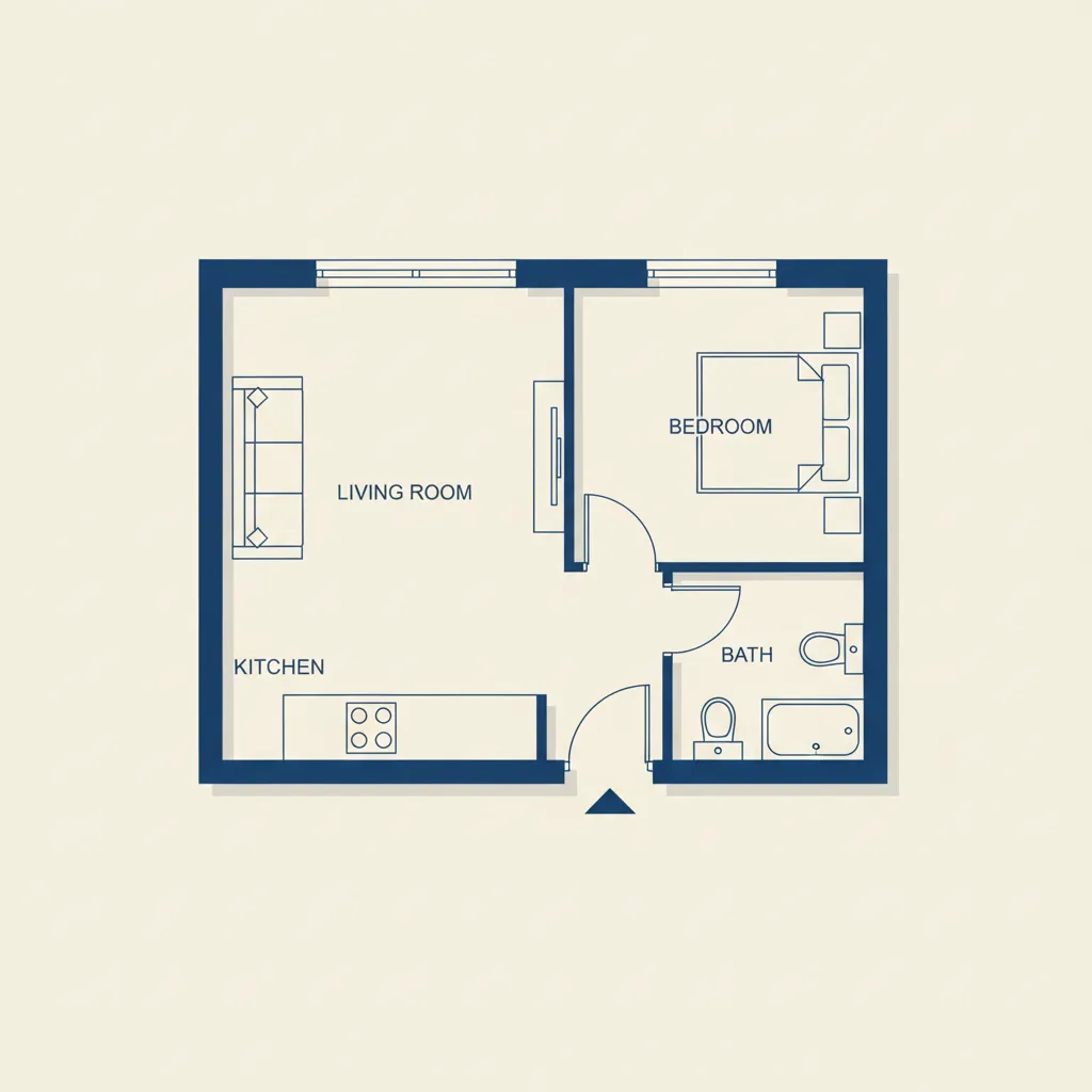 Contoh denah rumah 2D dengan pembagian ruang tamu kamar tidur dan dapur