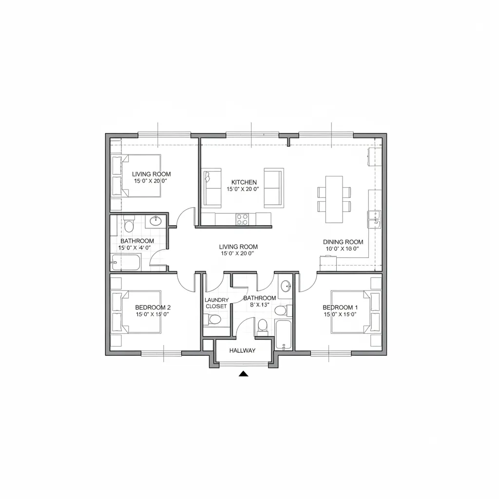 Denah rumah dua dimensi dengan ukuran ruang