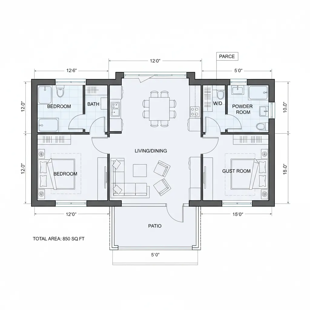 Contoh denah rumah 2D dengan ukuran ruang