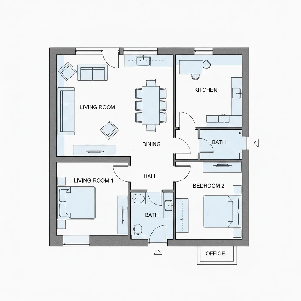 Contoh gambar denah rumah 2D dengan beberapa ruangan