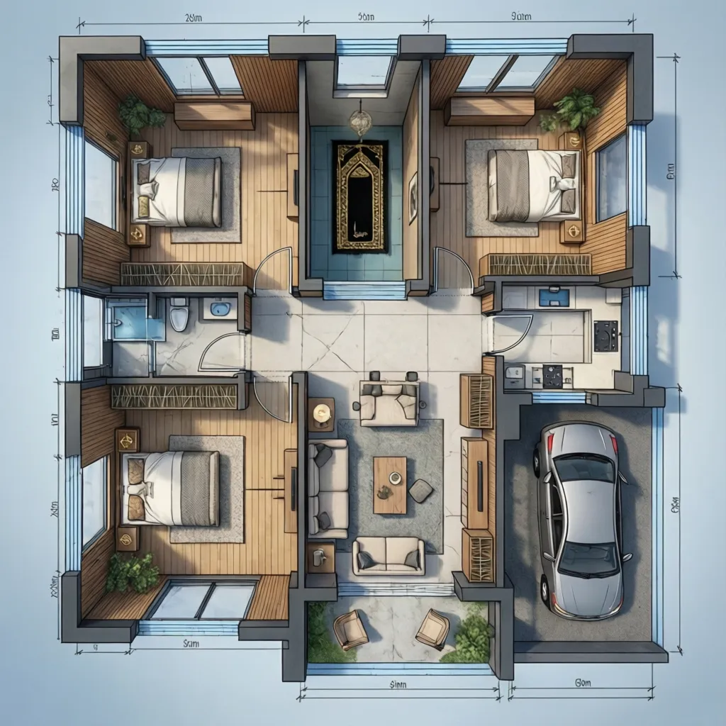 Contoh denah rumah tiga kamar dengan mushola