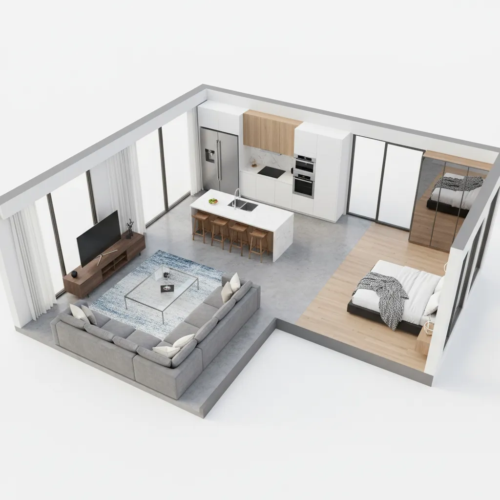 Contoh denah rumah dalam tampilan 3D dengan furnitur lengkap