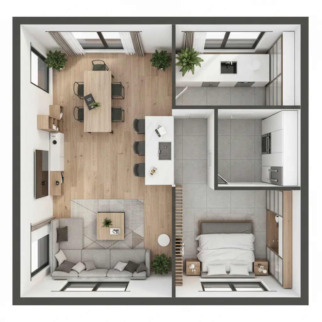 Contoh denah rumah 3D dengan furnitur lengkap dari aplikasi desain