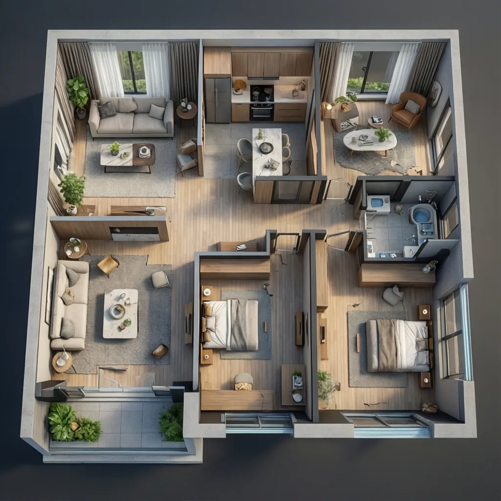 Contoh denah rumah modern dalam tampilan 3D