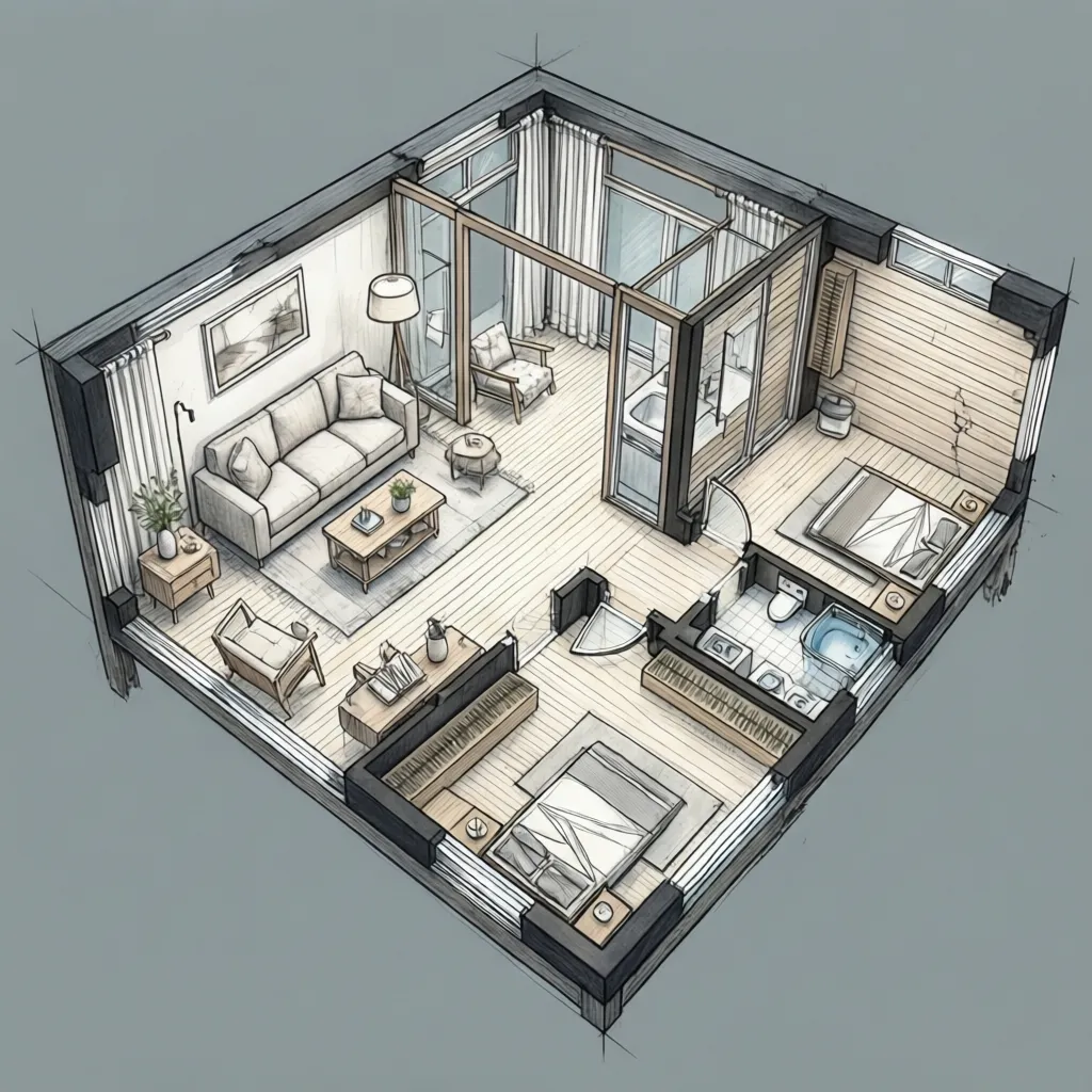 Interior design sketch of a small apartment with sofa, bed, bathroom, and light wooden floor