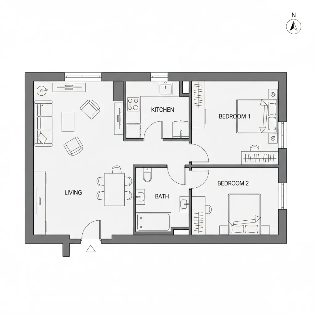 Black and white 2D floor plan layout showing living room kitchen two bedrooms and bathroom