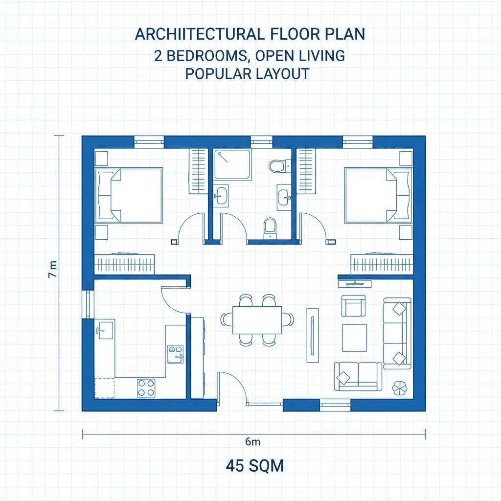 Blue 2D floor plan showing two bedroom house layout with kitchen living room and bathroom