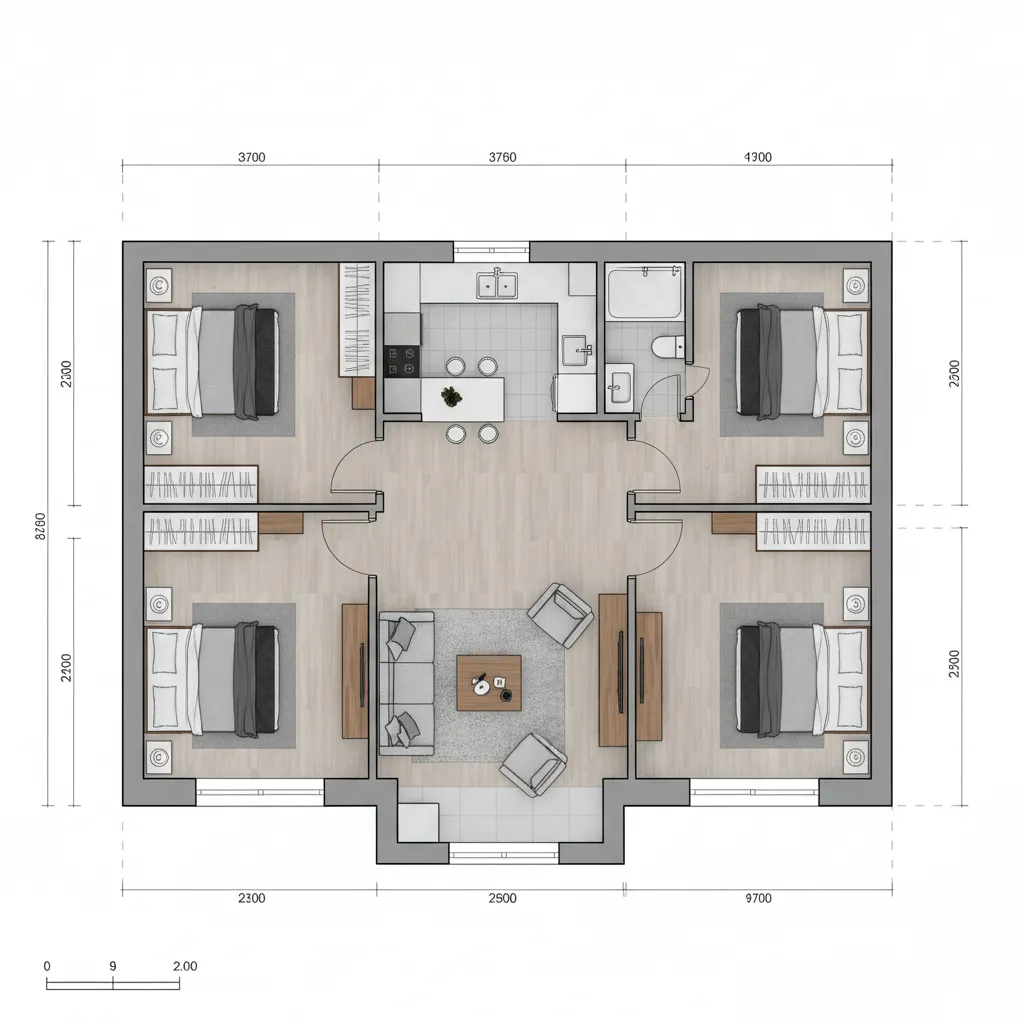 Interior design drawing showing a house layout with four bedrooms kitchen bathroom and living room