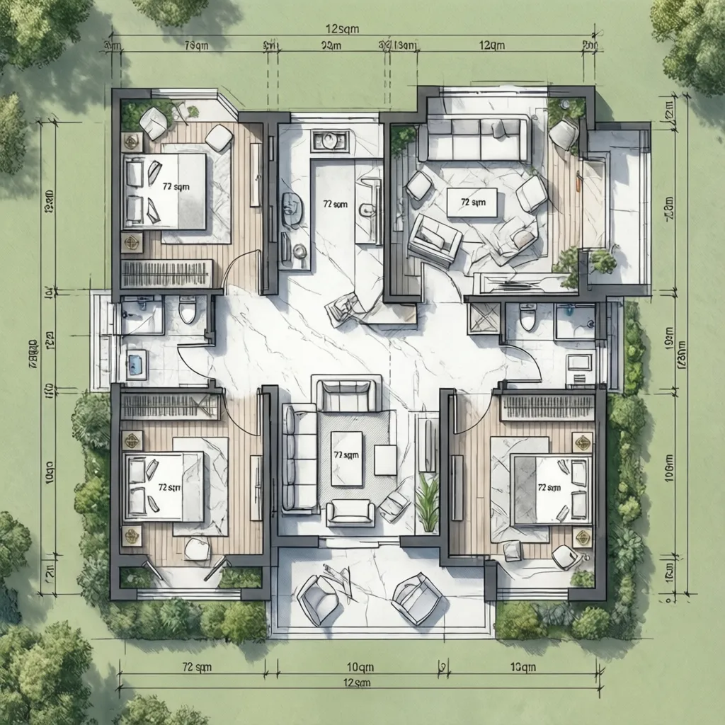 Contoh denah dasar rumah type 72 di lahan 120 meter persegi