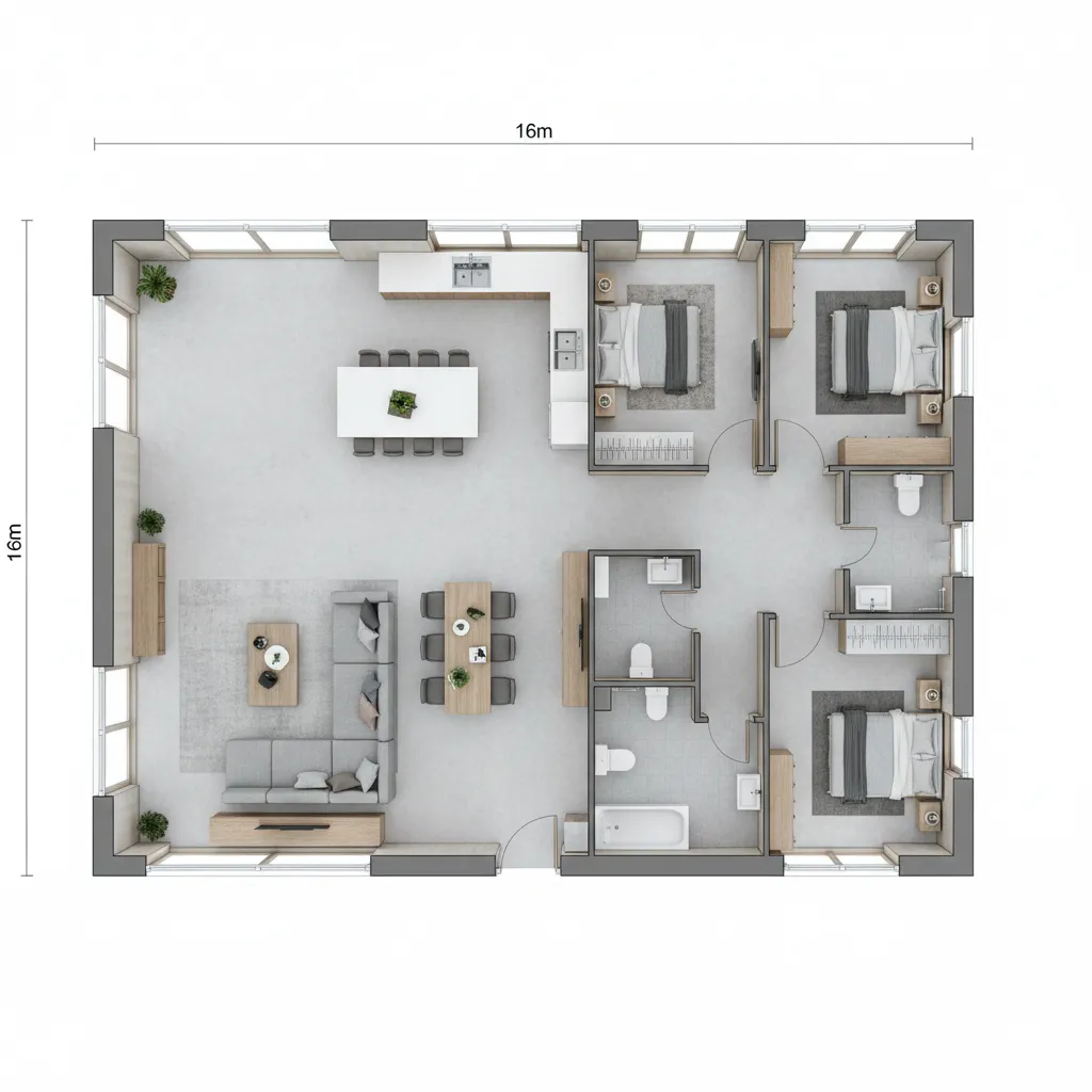 Contoh denah rumah 8x16 dengan 3 kamar tidur