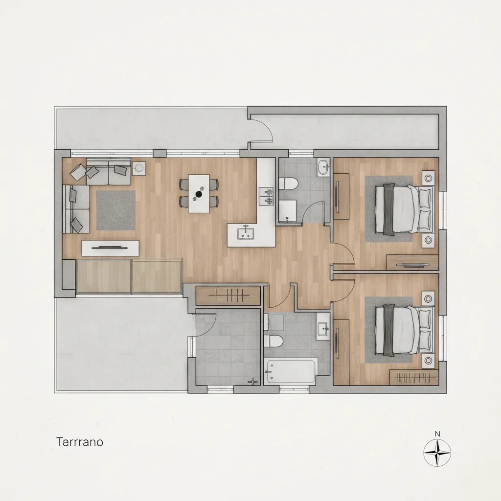 Professional 2D interior design drawing showing a two bedroom house with wood and tile flooring