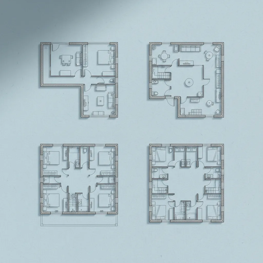 Four hand-drawn interior design drawings showing different apartment layouts with furniture on a blue background