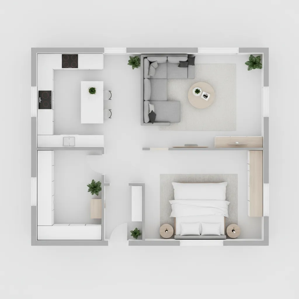 Denah rumah sederhana dengan penempatan furnitur utama