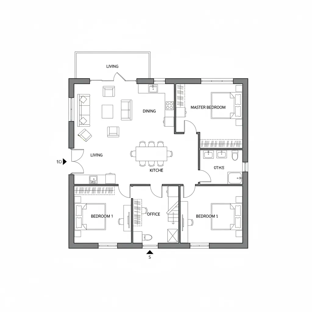 Simple 2D floor plan showing three bedrooms an office living area dining space and kitchen