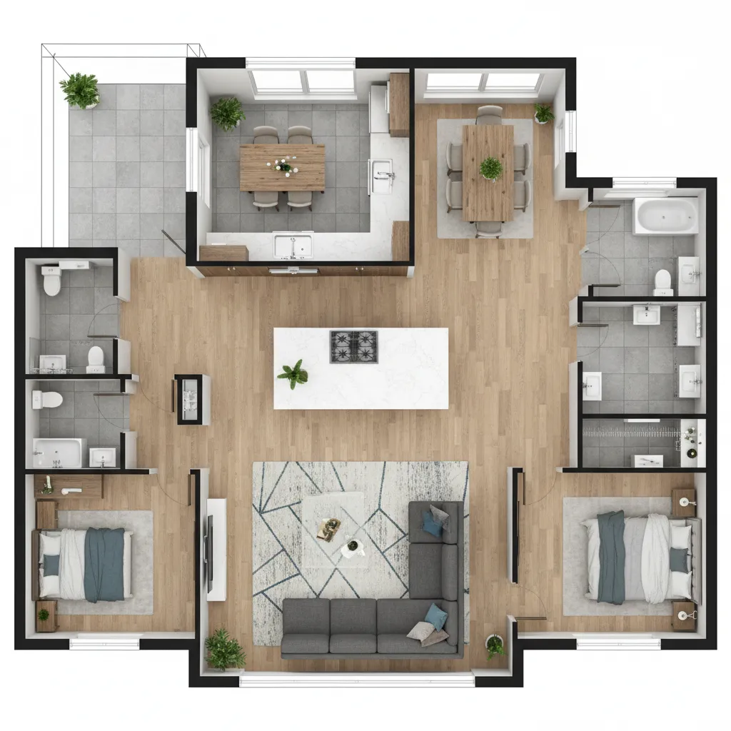 Top view house layout featuring grey sofa wooden floor kitchen island dining tables and bedrooms